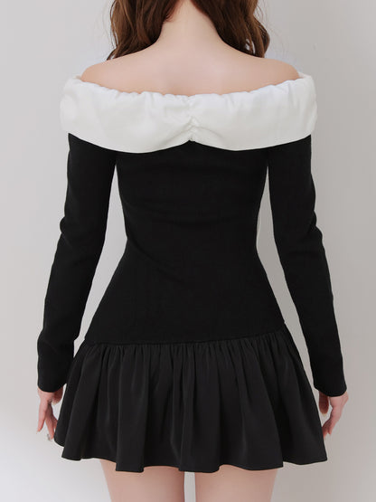 Bicolor ribbon off shoulder knit mini onepiece(eme10747)