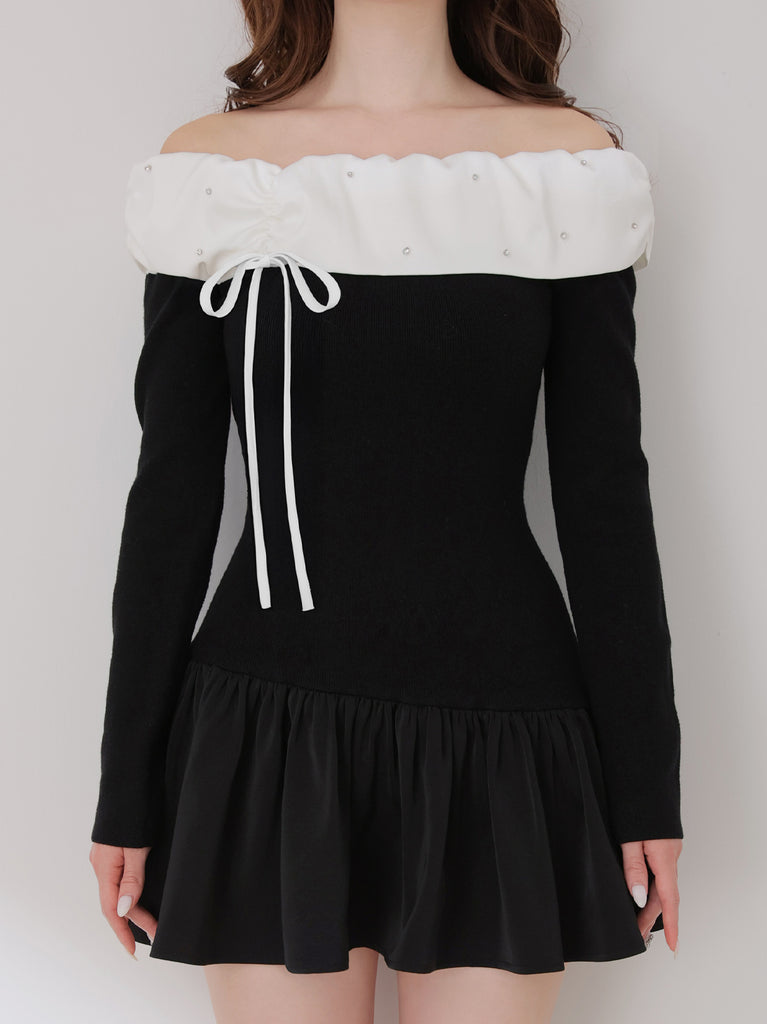 Bicolor ribbon off shoulder knit mini onepiece(eme10747)