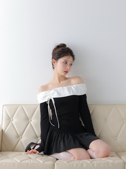Bicolor ribbon off shoulder knit mini onepiece(eme10747)