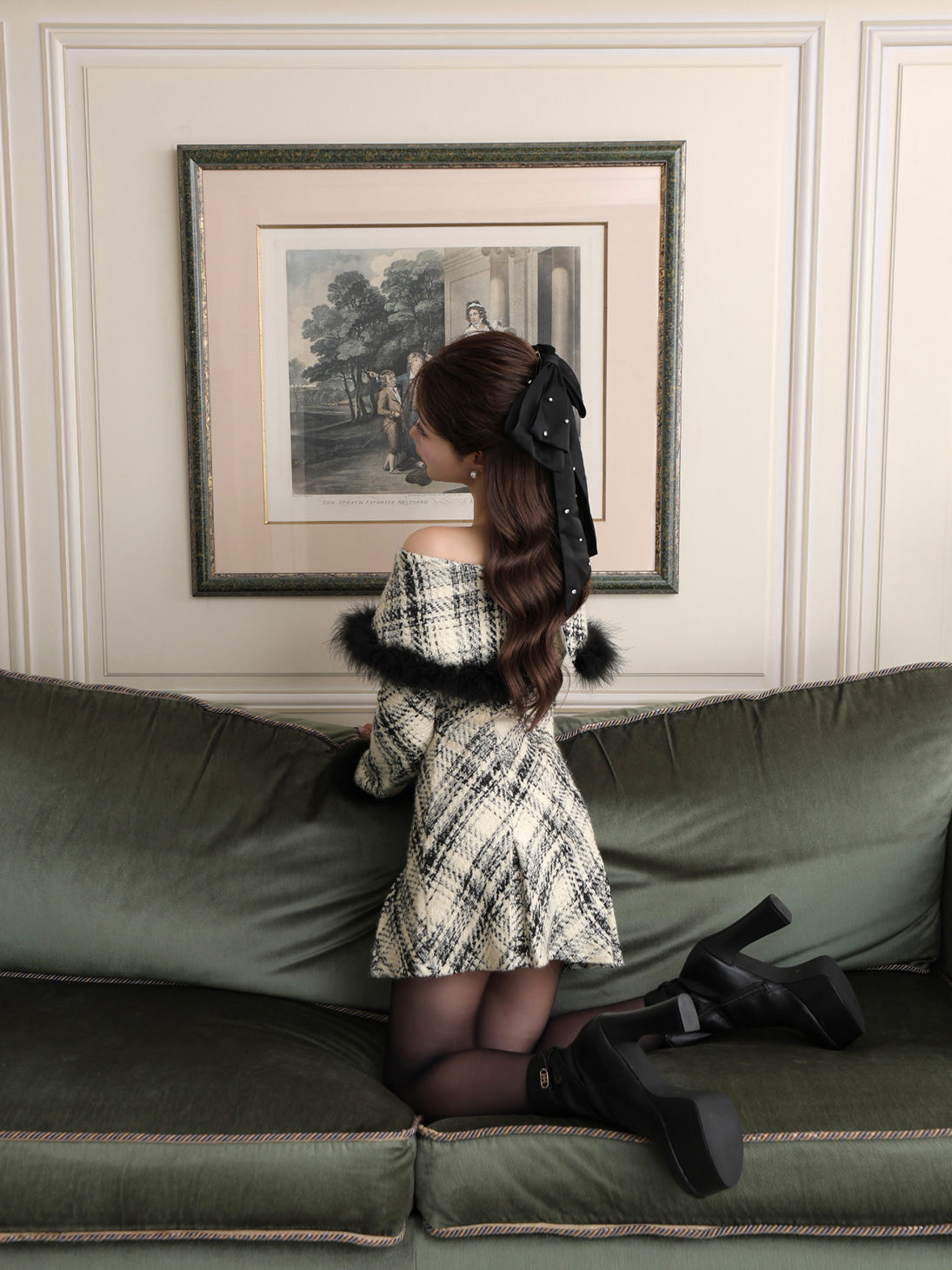 【Pre Order】Off shoulder roving check mini onepiece(eme10379)