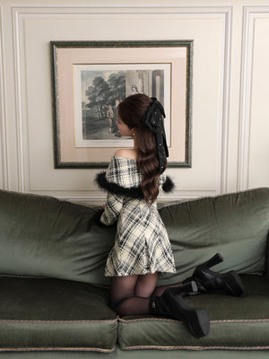 【Pre Order】Off shoulder roving check mini onepiece(eme10379)