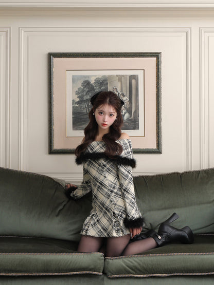 【Pre Order】Off shoulder roving check mini onepiece(eme10379)