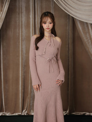 【Pre Order】Layered ribbon knit onepiece (eme10757)