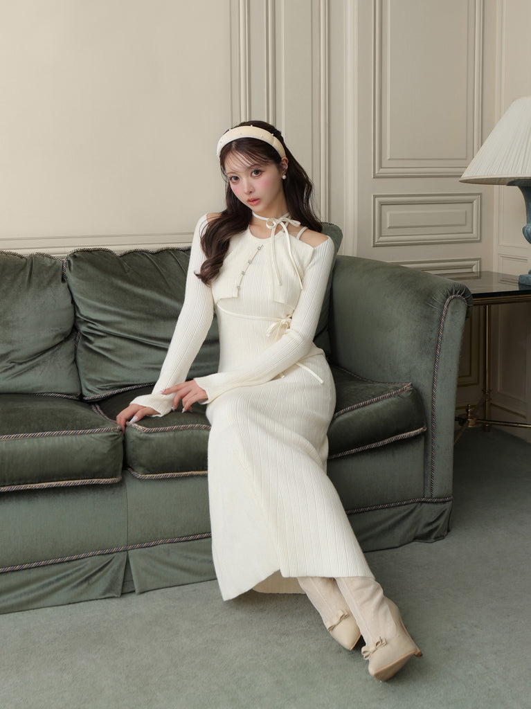 【Pre Order】Layered ribbon knit onepiece (eme10757)