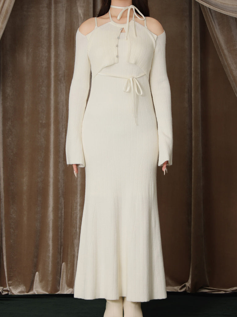 【Pre Order】Layered ribbon knit onepiece (eme10757)