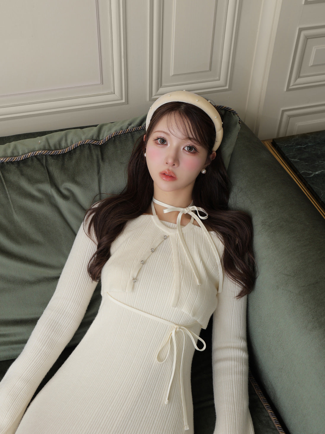 【Pre Order】Layered ribbon knit onepiece (eme10757)