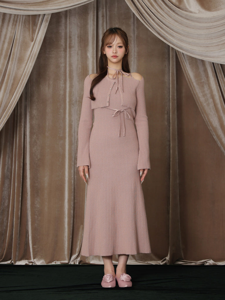【Pre Order】Layered ribbon knit onepiece (eme10757)