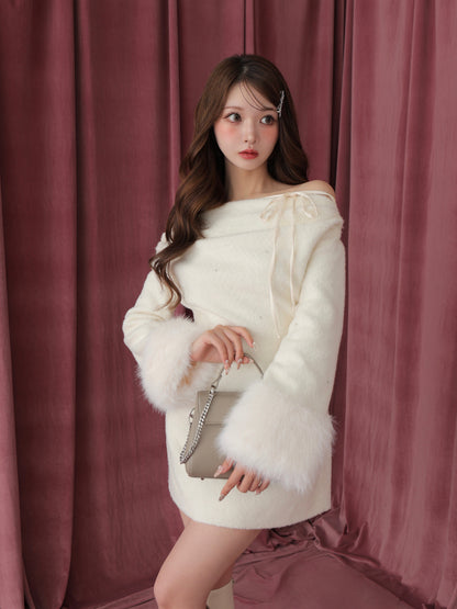 Fur jeweled ribbon mini onepiece(eme10762)