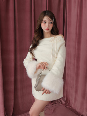 Fur jeweled ribbon mini onepiece(eme10762)
