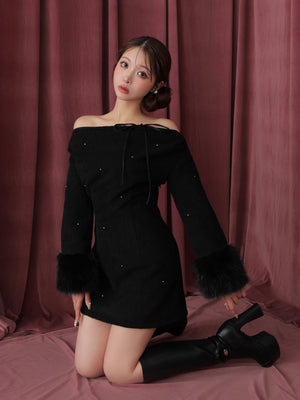 Fur jeweled ribbon mini onepiece(eme10762)