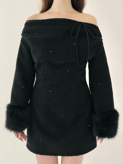 Fur jeweled ribbon mini onepiece(eme10762)