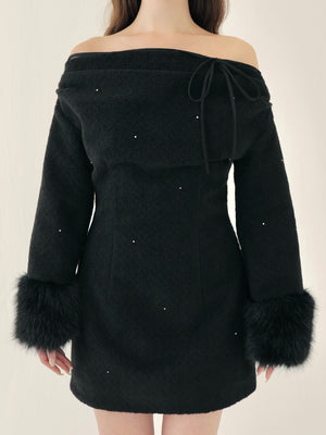 Fur jeweled ribbon mini onepiece(eme10762)