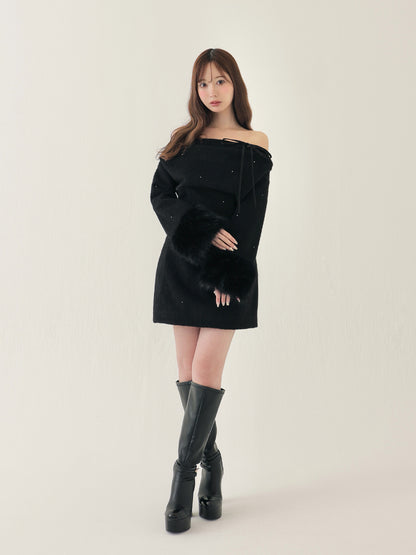 Fur jeweled ribbon mini onepiece(eme10762)