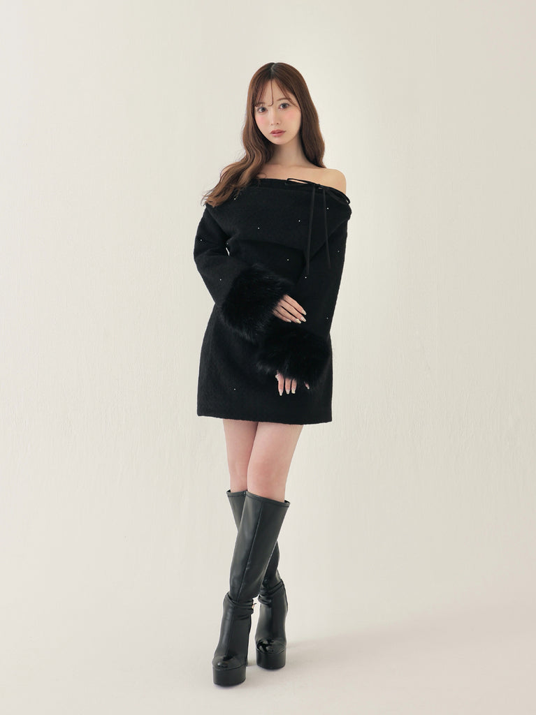 Fur jeweled ribbon mini onepiece(eme10762)