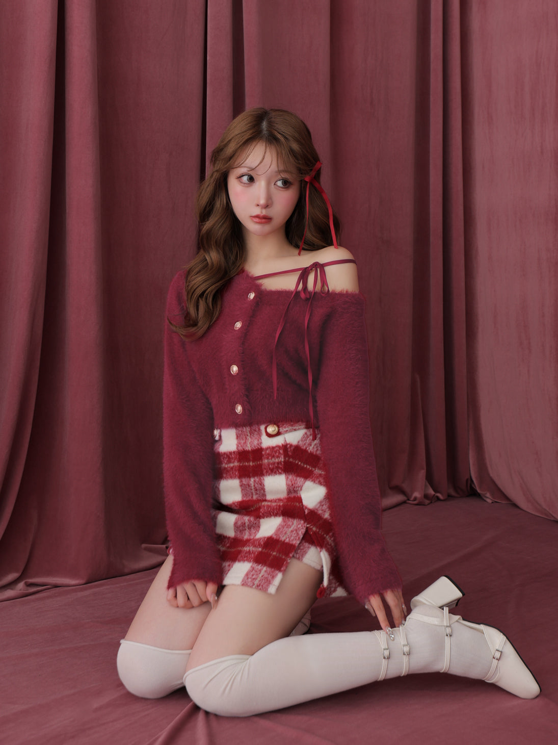 Light shaggy check mini skirt(eme10763)