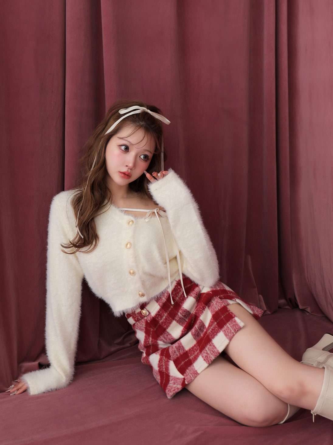 Light shaggy check mini skirt(eme10763)