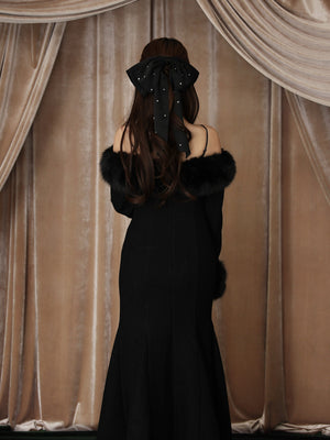 【Pre Order】Fur sleeve ribbon ｍermaid onepiece(eme10764)
