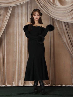 【Pre Order】Fur sleeve ribbon ｍermaid onepiece(eme10764)