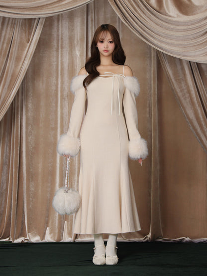 【Pre Order】Fur sleeve ribbon ｍermaid onepiece(eme10764)