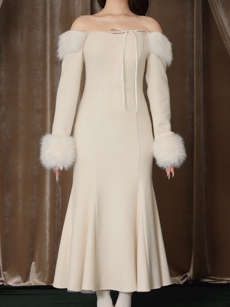 【Pre Order】Fur sleeve ribbon ｍermaid onepiece(eme10764)