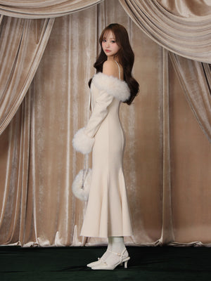 【Pre Order】Fur sleeve ribbon ｍermaid onepiece(eme10764)