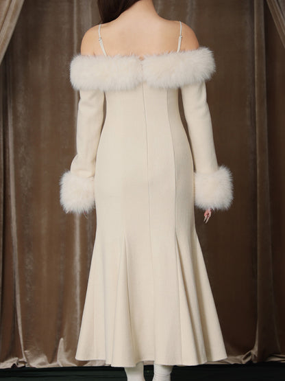 【Pre Order】Fur sleeve ribbon ｍermaid onepiece(eme10764)