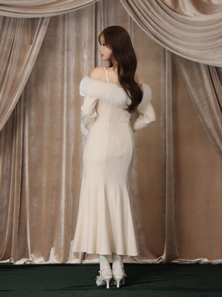 【Pre Order】Fur sleeve ribbon ｍermaid onepiece(eme10764)