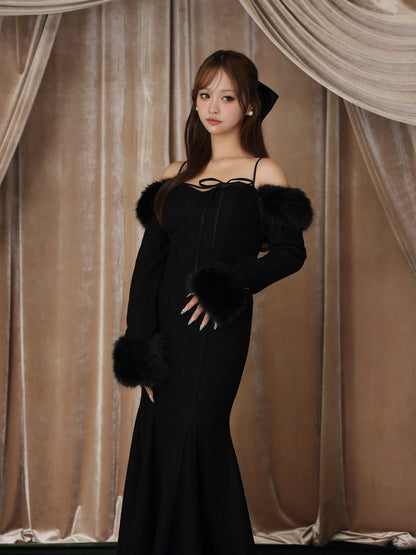 【Pre Order】Fur sleeve ribbon ｍermaid onepiece(eme10764)