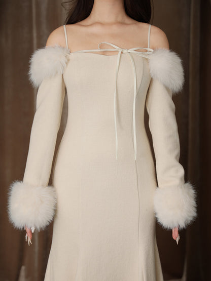 【Pre Order】Fur sleeve ribbon ｍermaid onepiece(eme10764)