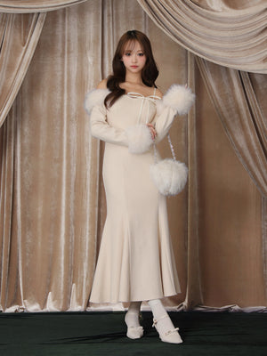 【Pre Order】Fur sleeve ribbon ｍermaid onepiece(eme10764)