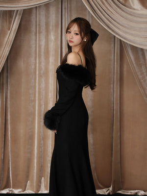 【Pre Order】Fur sleeve ribbon ｍermaid onepiece(eme10764)