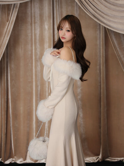 【Pre Order】Fur sleeve ribbon ｍermaid onepiece(eme10764)