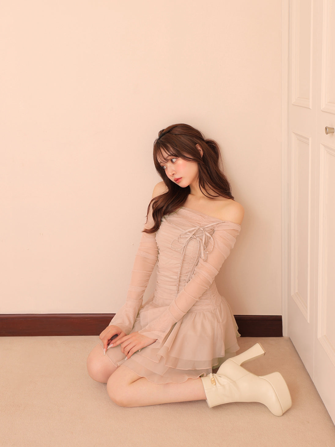 Chiffon mesh gathered setup(eme10765)