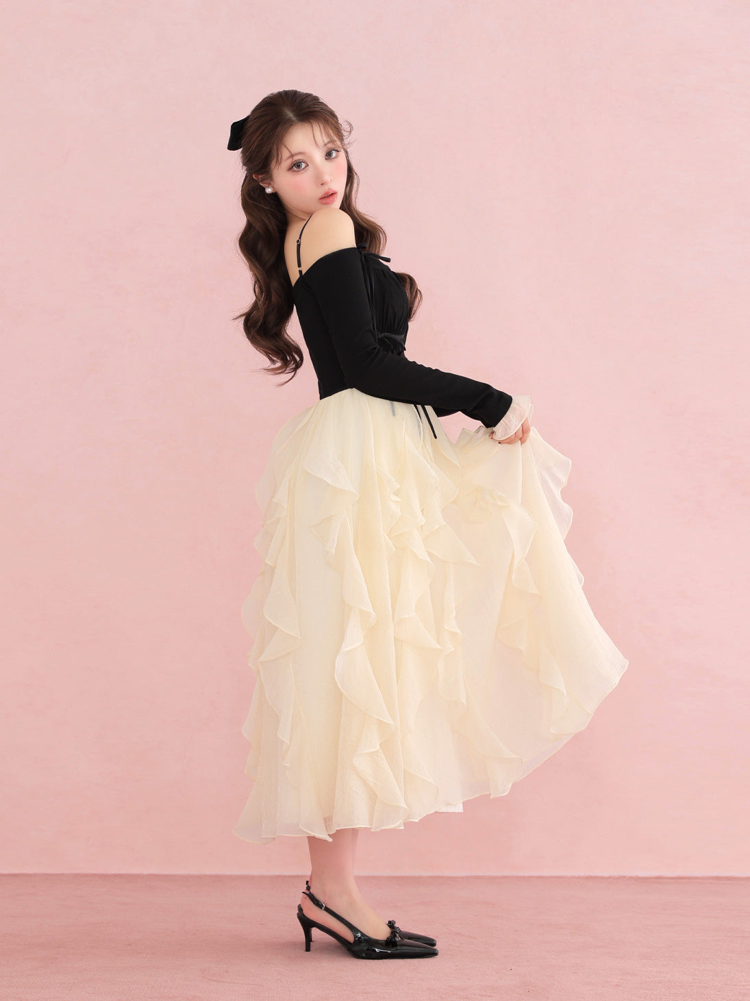 Ruffle frill chiffon docking onepiece(eme10769)
