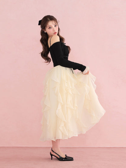 Ruffle frill chiffon docking onepiece(eme10769)