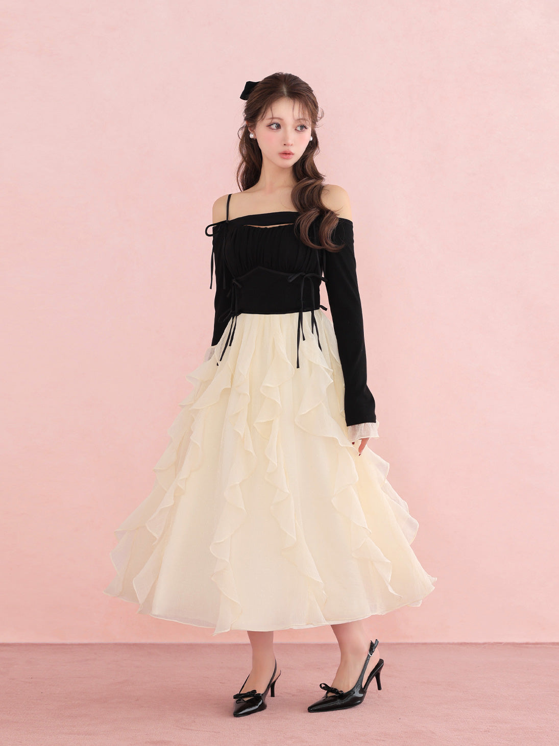 Ruffle frill chiffon docking onepiece(eme10769)