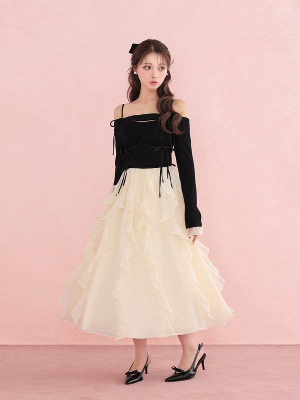 Ruffle frill chiffon docking onepiece(eme10769)