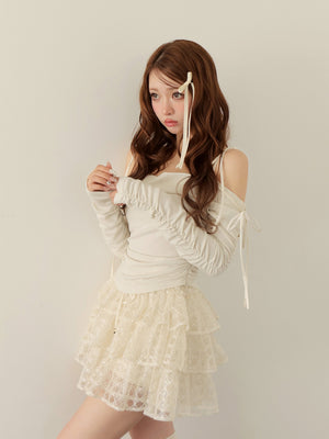 Check embroidery tiered mini skirt(eme10774)