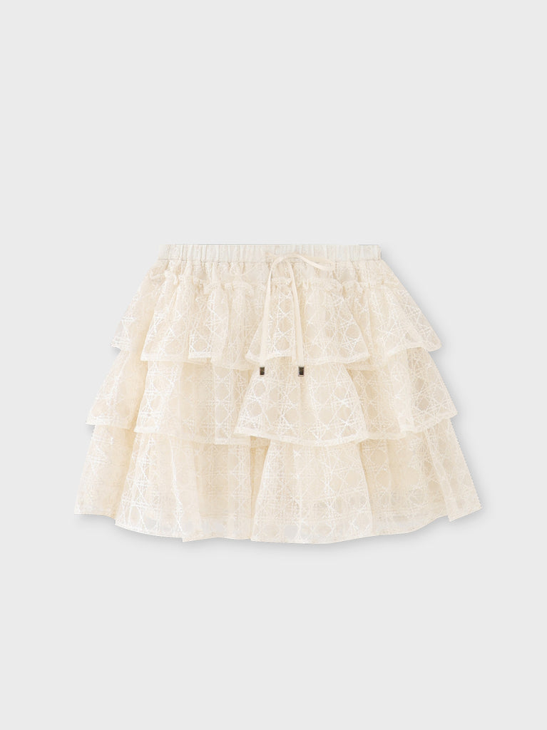 Check embroidery tiered mini skirt(eme10774)