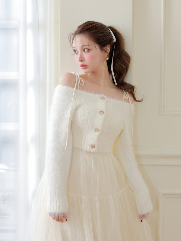 【Pre Order】Spring feather lame off the shoulder cardigan (eme10789)