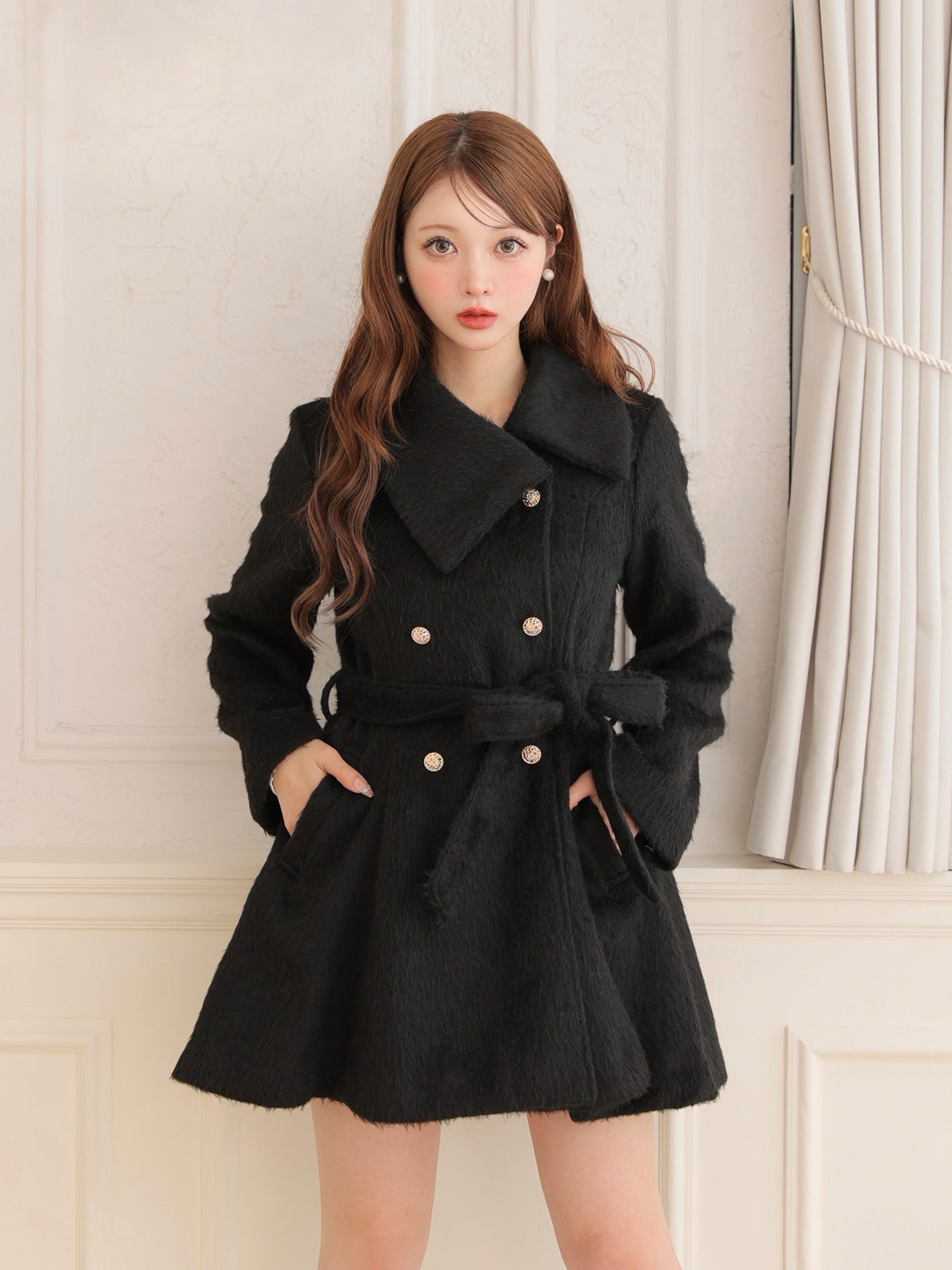 Shaggy belted coat(eme10779)