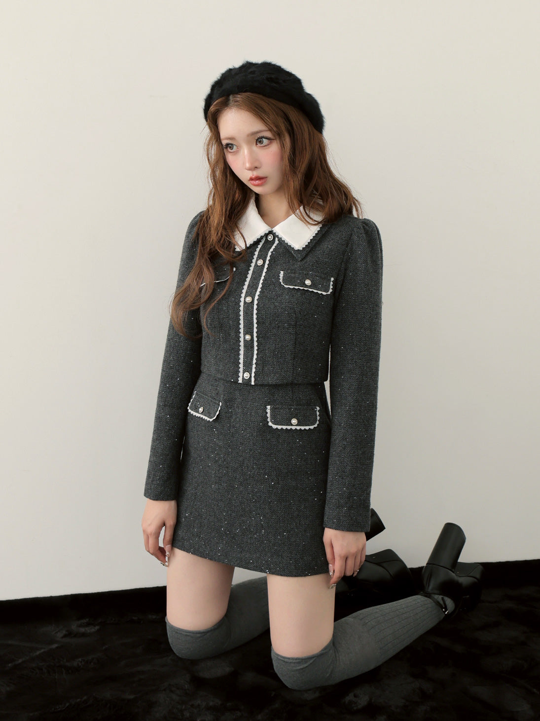 【Pre Order】Wool herringbone mini onepiece(eme10781)