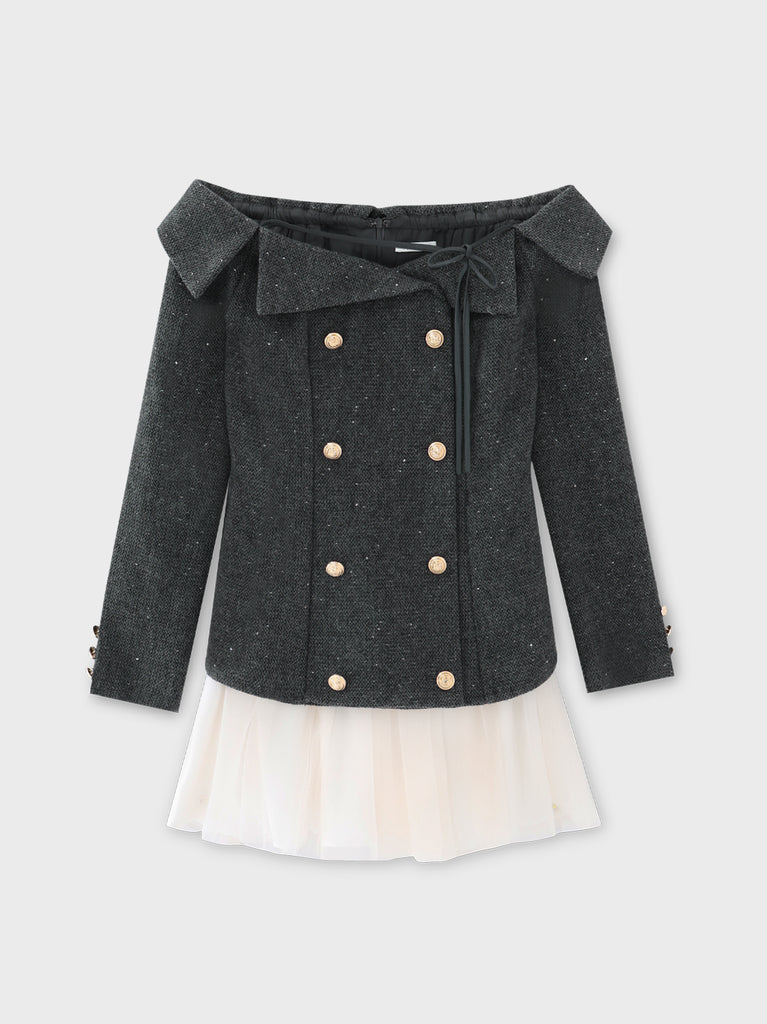 【Pre Order】Wool herringbone tulle onepiece(eme10782)