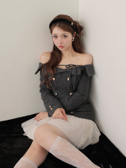 【Pre Order】Wool herringbone tulle onepiece(eme10782)