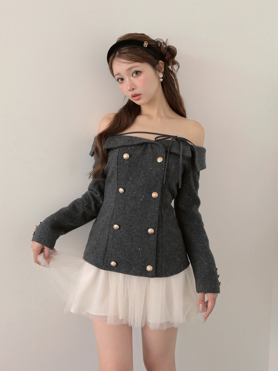 【Pre Order】Wool herringbone tulle onepiece(eme10782)