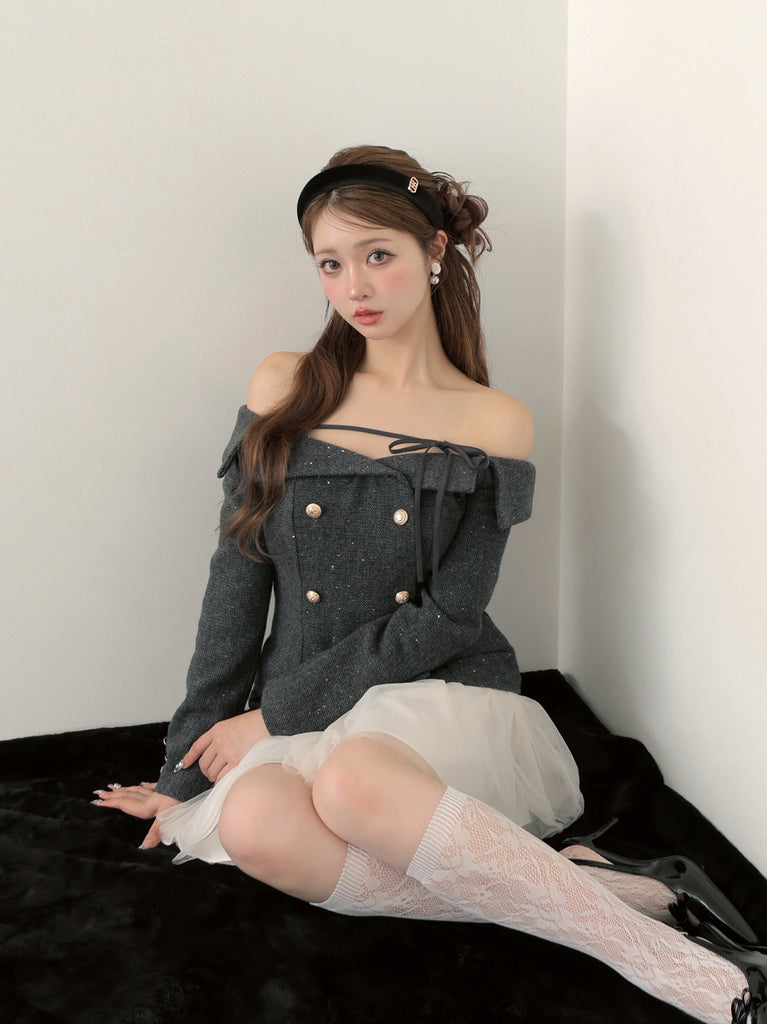 【Pre Order】Wool herringbone tulle onepiece(eme10782)