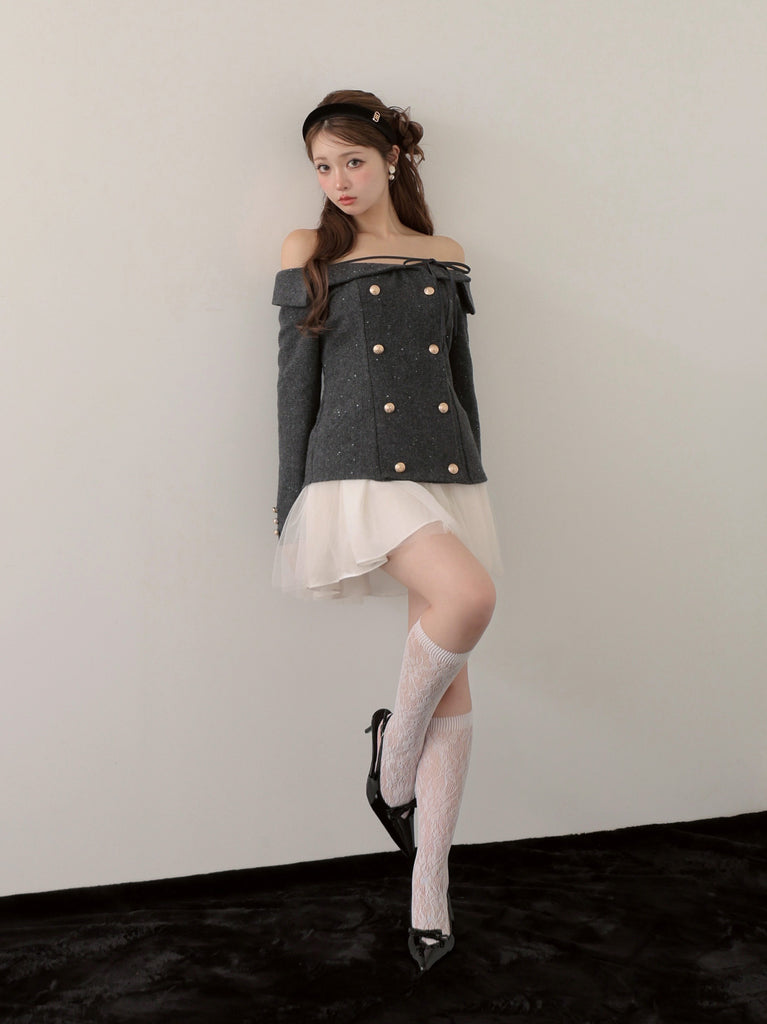 【Pre Order】Wool herringbone tulle onepiece(eme10782)