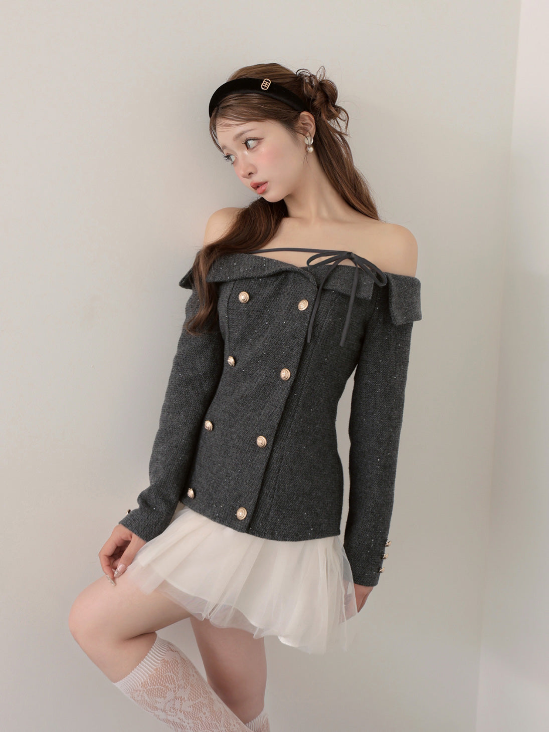 【Pre Order】Wool herringbone tulle onepiece(eme10782)