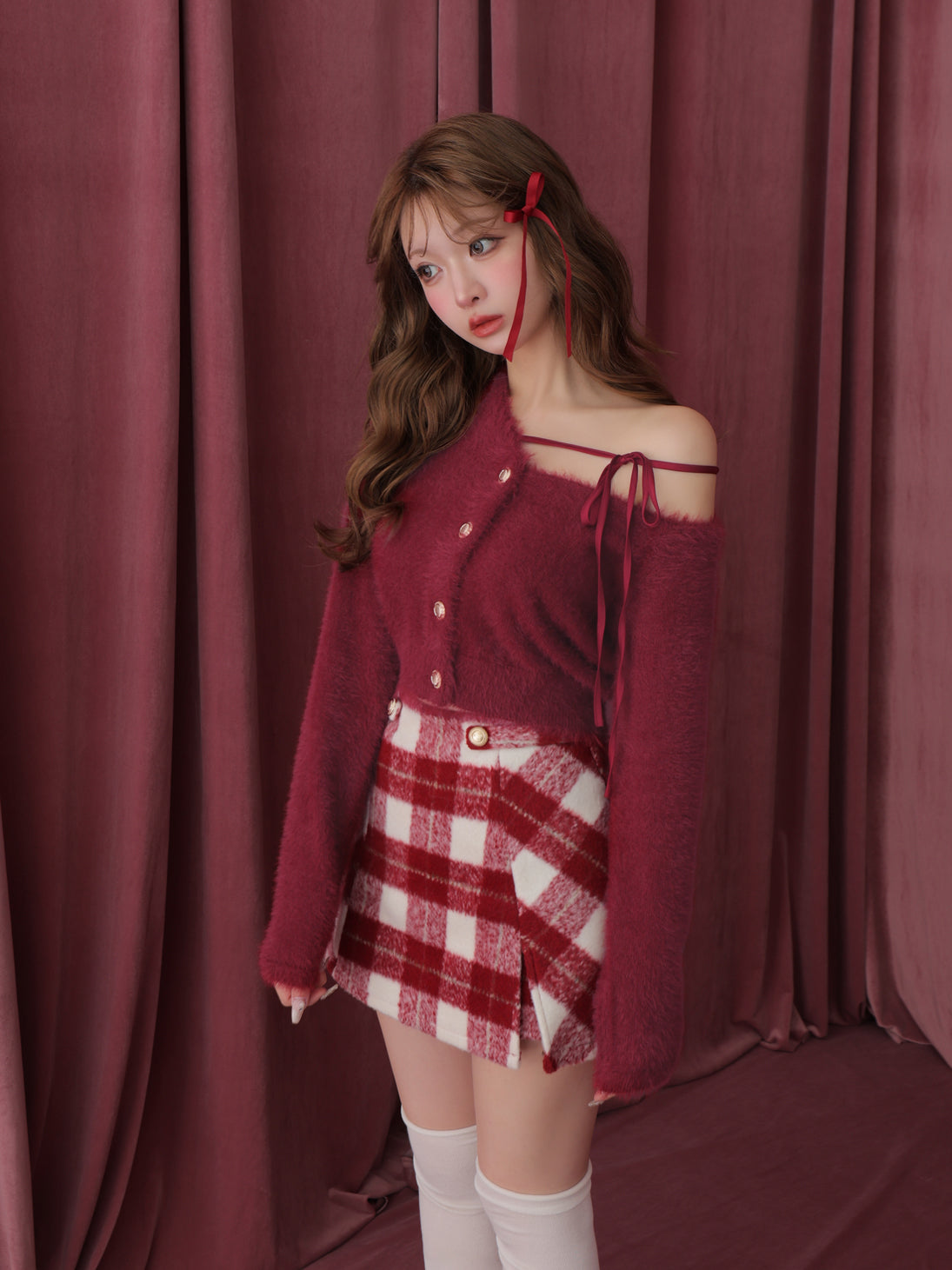 Light shaggy check mini skirt(eme10763)