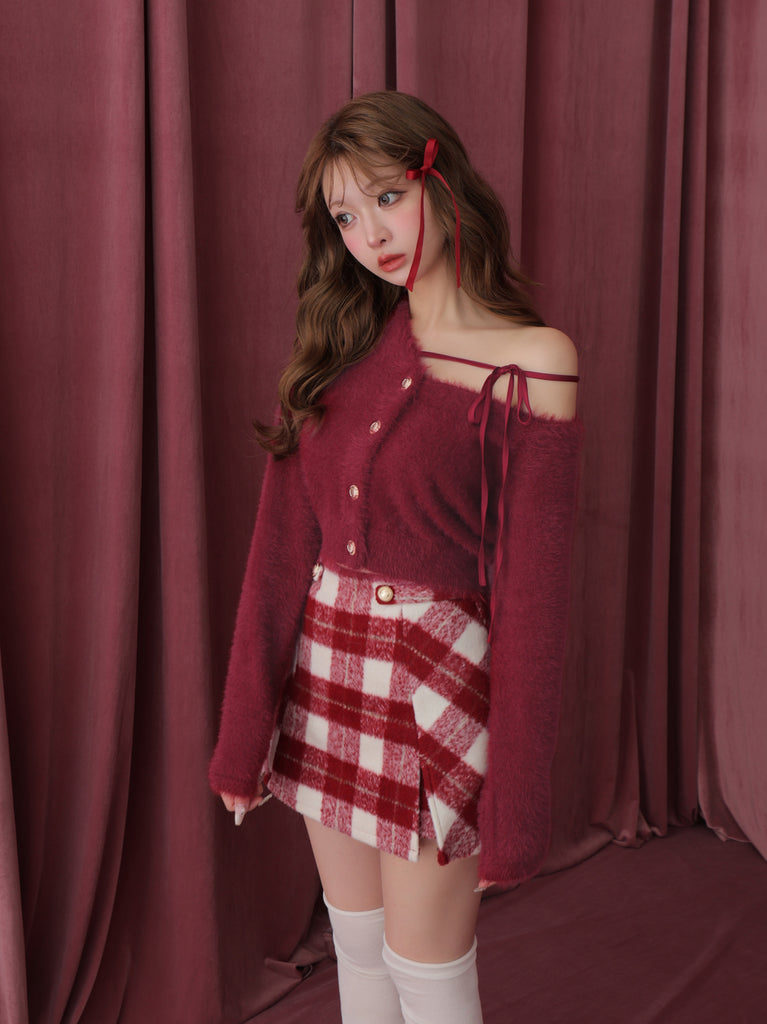 Light shaggy check mini skirt(eme10763)